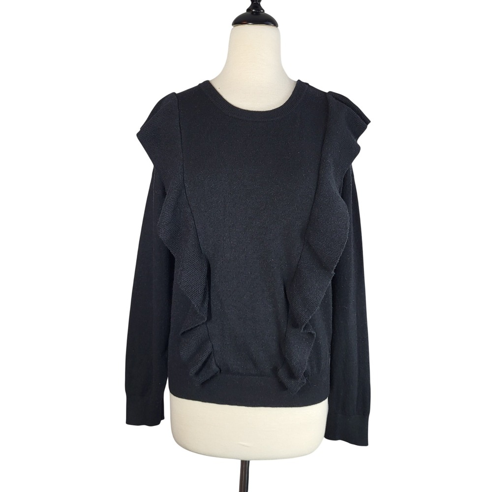 Everly Black Ruffle Front Knit Sweater L Long‎ Sleeve Feminine Chic Dark Romance